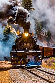 The Cumbres & Toltec Scenic Railroad train pulled by a steam locomotive on the 64 mile run between Antonito, Colorado and Chama, New Mexico. The railroad is the highest and longest narrow gauge steam railroad in the United States with a track length of 64