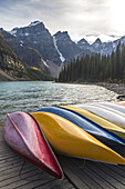 Colorful boats at Moraine Lake in the Banff National Park, Alberta, Canada