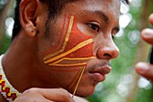Pataxo Indian people at the Reserva Indigena da Jaqueira near Porto Seguro, Bahia, Brazil.
