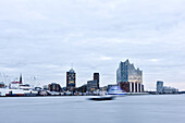 Skyline of Hamburg with Philharmonic Hall from Elbe river, Hamburg, Germany