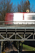 Subway on bridge with Michel, Hamburg, Germany