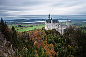 view from Mary Bridge to Neuschwanstein Castle during autumn, Fuessen, Schwangau, Allgaeu, Bavaria, Germany