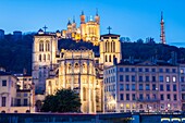 View of the Cathedral of St-Jean and the Basilique Notre-Dame de Fourviere in Lyon, Rhône, Rhône-Alpes, France.