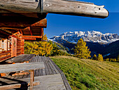 The Sella Mountain Range in the Dolomites of South Tyrol - Alto Adige , seen from the Groeden Valley - Val Gardena. The Dolomites are listed as UNESCO World heritage. europe, central europe, italy, october.