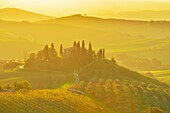 Tuscany Countryside with Farmhouse at Sunrise, San Quirico d´Orcia, Val d´Orcia, Provinz Siena, Tuscany, Italy.