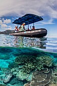 Lindblad Expeditions guests in glass bottom Zodiac on coral reef, Pulau Lintang Island, Anambas Archipelago, Indonesia.