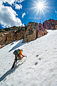 climbing the Chockstone Couloir, AKA the Boy Scout Couloir an alpine route which is rated Grade 3, Class 4 and located on The Grand Mogul in the Sawtooth Mountains in central Idaho.
