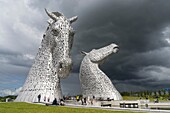 The Kelpies sculpture of two horses at entrance to the Forth and Clyde Canal at The Helix Park near Falkirk, Scotland.