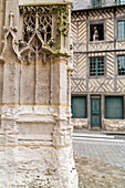 detail, entrance St Leonard's church, timber-framed houses, Honfleur, Normandy, France