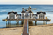 The Sellin Pier is a pier at the Baltic Sea. The pier is 394 meters long. It was inaugurated in 1998, Sellin, Ruegen Island, County Vorpommern-Ruegen, Mecklenburg-Western Pomerania, Germany, Europe.
