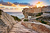Sunset over the Old Town of Bonifacio, South Coast of Corsica Island, France.