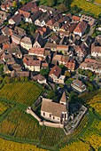 France, Haut Rhin 68, Wines road, village of Hunawihr, fortified church of Saint Jacques le Majeur, village classified most beautiful french village aerial view