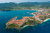 Italy, Tuscany, Elba island, Portoferraio, town and port (aerial view)