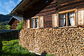 Holzhaus, Fenster, Vorhänge, gestapeltes Brennholz, Energie, Heizen, Vorrat für den Winter, Bregenzerwald, Vorarlberg, Österreich