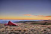 Morgenrot über Zelt auf Wiese am Little Berg, Giant's Castle, Drakensberge, uKhahlamba-Drakensberg Park, UNESCO Welterbe Maloti-Drakensberg-Park, KwaZulu-Natal, Südafrika