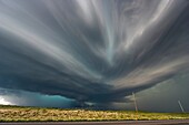 Very intense high precipitation supercell storm moves south in the Nebraska Sand Hills south of Valentine, July 13, 2009. Winds gusted upwards of 60 mph into this storm. Tornado warning with the storm mentioned baseball size hail and winds in excess of 10