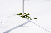 Ein Fußballtor und Kunstrasen auf einem  zugeschneiten Fußballplatz, Sierra Nevada, Granada, Andalusien, Spanien