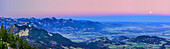 Panorama with Heuberg, valley of Inn and Samerberg, Spitzing area and Mangfall range in background during dawn, Hochries, Samerberg, Chiemgau Alps, Chiemgau, Upper Bavaria, Bavaria, Germany
