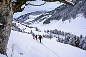 Three persons back-country skiing ascending to Sonnenjoch, Sonnenjoch, Kitzbuehel Alps, Tyrol, Austria