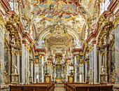Altar and frescos at ceiling in church of monastery Wilhering, Wilhering, Danube Bike Trail, Upper Austria, Austria