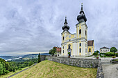 Panorama mit Wallfahrtskirche Maria Taferl, Donautal im Hintergrund, Maria Taferl, Donauradweg, Niederösterreich, Österreich