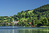 Lake Schliersee with church of Schliersee, lake Schliersee, Bavarian Alps, Upper Bavaria, Bavaria, Germany