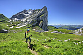 Woman hiking with view to Schweizer Tor, Schweizer Tor, Raetikon trail, Raetikon, Vorarlberg, Austria