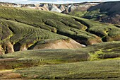 Landmannalaugar, Landmannalaugur view of Kryolite mountains from Blahnjukur Blue Mountain, Iceland