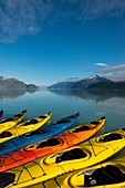 Sea kayaks next to cruise ship Safari Endeavour with Tarr Inlet and the Grand Pacific Glacier in background in Glacier Bay National Park, Southeast Alaska, USA.