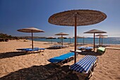 Thatched umbrellas at the sandy Vai beach, Lasithi Region, Crete, Greek Islands, Greece, Europe.