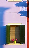 Colourful painted house and shadows, Burano, Venetian Lagoon, Veneto, Italy, Europe.