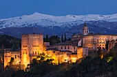 View of Alhambra and Sierra Nevada mountains. Granada city. Andalucia. Spain.