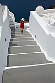 Woman climbing up the stairs in Oia town, Santorini, Cyclades Islands, Greek Islands, Greece, Europe.