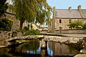 Brook in Vauville village, with bridge , Vauville, Cotentin, Normandy, France.