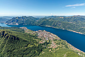 Aerial view of the villages Mandello del Lario and Abbadia Lariana overlooking Lake Como, Lecco Province, Italian Lakes, Lombardy, Italy, Europe
