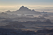 Badlands layers on a hazy morning, Badlands National Park, South Dakota, United States of America, North America