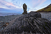 'Sea stacks along the coast of Iceland's Westfjords as sunset begins; West Fjords, Iceland'