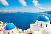Santorini Island, Greece, Beautiful View of Blue Ocean and Traditional Dome Church Architecture