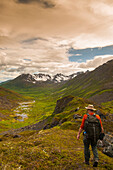 Man hikes the Reed Lakes Trail in Archangel Valley, Talkeetna Mountains, Southcentral Alaska, summer