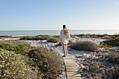 Rear view of a woman walking on the beach