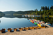 Morning atmosphere with rowing boats, lake Schluchsee, Black Forest, Baden-Wuerttemberg, Germany