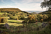 view across Randecker Maar at the so called Limburg that is a former volcano, Weilheim at the Teck, Esslingen district, Swabian Alb, Baden-Wuerttemberg, Germany