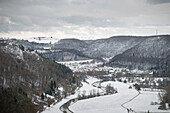 view down at River Blue Valley in winter, Blaubeuren, Alb-Danube district, Swabian Alb, Baden-Wuerttemberg, Germany