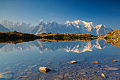 Mont Blanc mirrored on lake of Cheserys, France
