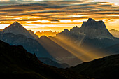Tofane, Pelmo, Veneto, Italy, Europe, Dolomites, Veneto, Belluno district. Sunrise on the Pelmo and Antelao, Dolomites