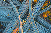 Aerial view of highway interchange in cityscape