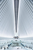 the Oculus, view down at passengers, futuristic train station by famous architect Santiago Calatrava next to WTC Memorial, Manhattan, New York City, USA, United States of America