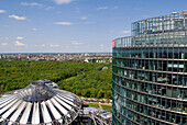 Germany, Berlin, overview of the city seen from the scenic plateform in the top of the office block by architect Hans Kollhoff, Potsdamer Platz 1, Sony Center and the Tiergarten
