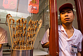 China, Beijing, scarabs and sea horses at the night street market off Wanfujing street