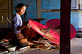 Myanmar (Burma), Shan State, Pindaya, family business manufacturing umbrellas U Ohn Khing, Daw Nyo Ohn U Khing completing the painting of paper